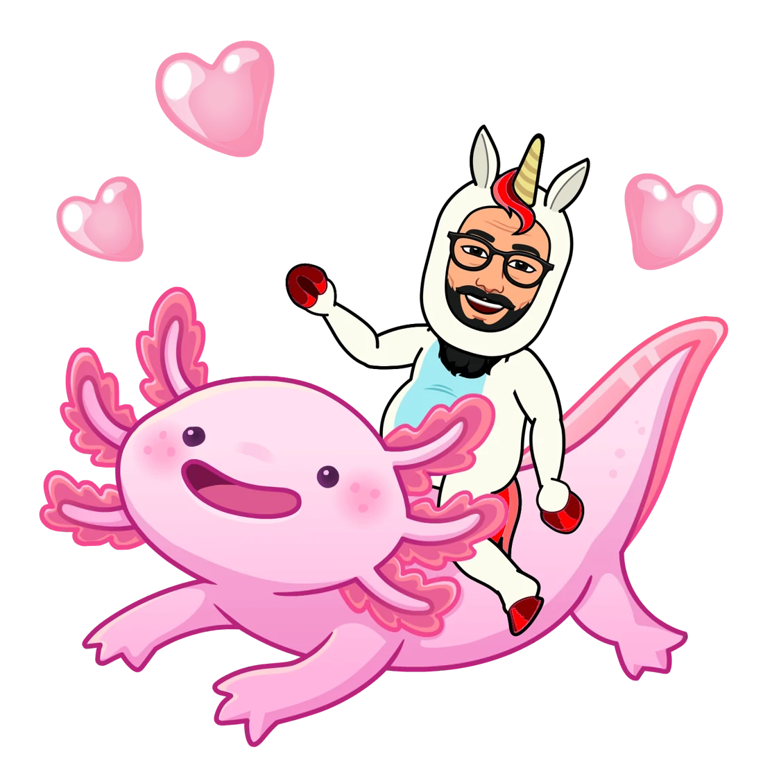 Marvin cavalca un axolotl rosa tra i cuori
