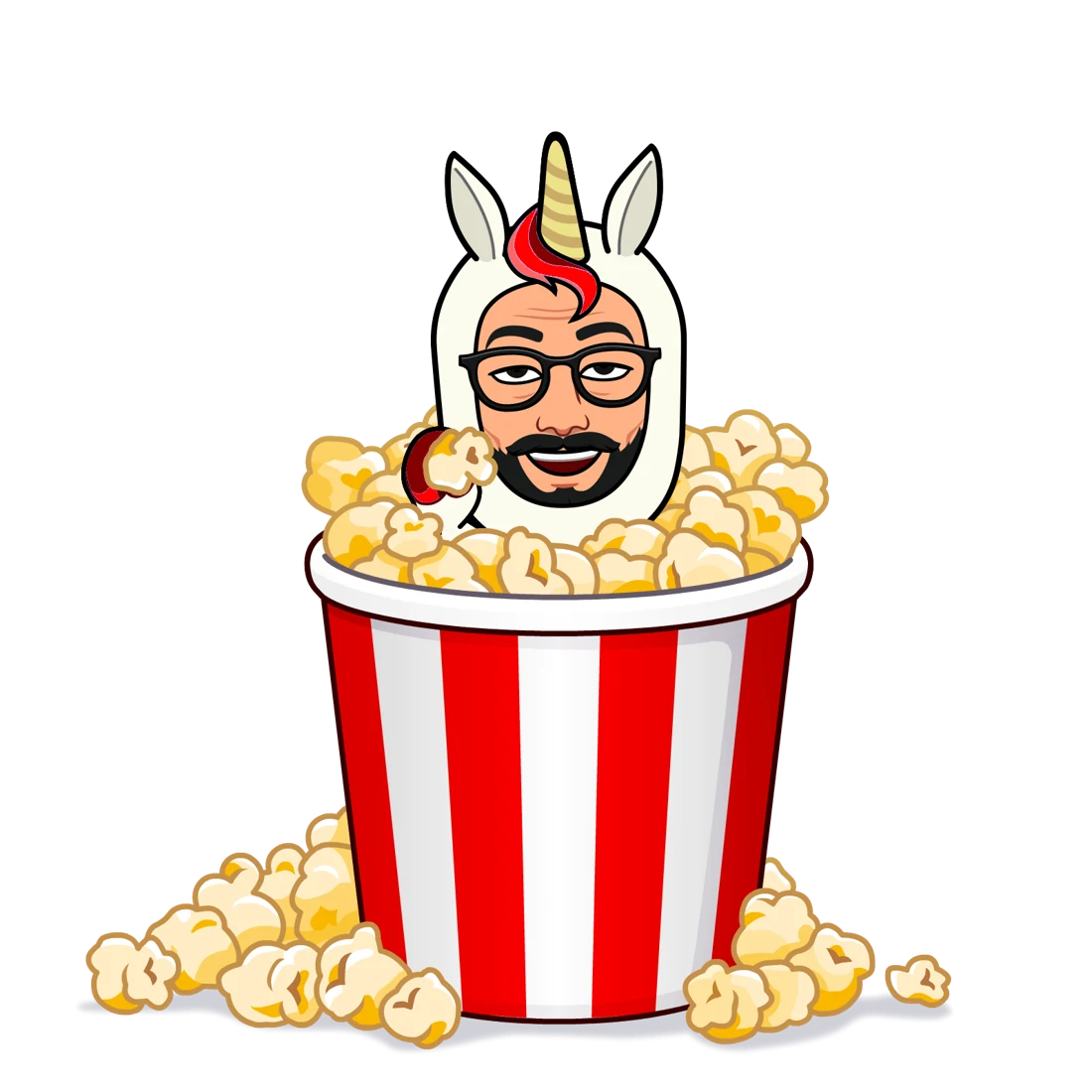 Marvin in un grande secchio di popcorn